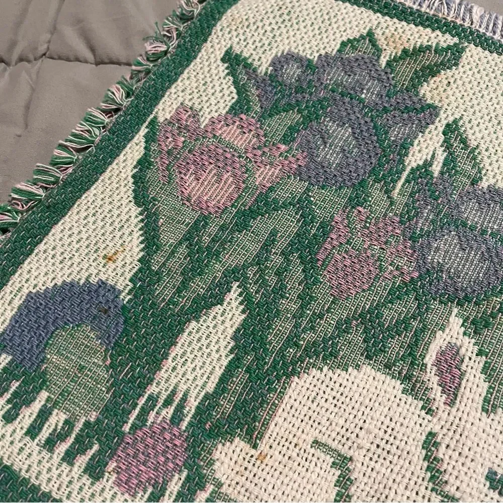 Bunnies and Tulips Tapestry Folk Art Spring Table Runner Easter Woven 34X13
